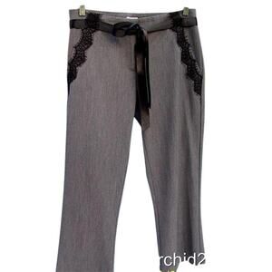 Cache Black Lace Satin Self Belt Gray Bi Stretch Crop Pant New $118 NWT